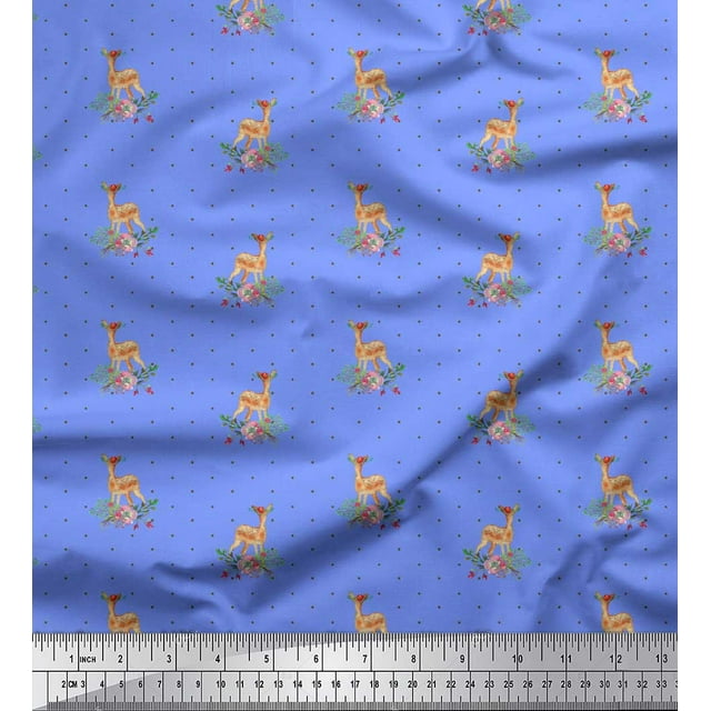 Soimoi Blue Poly Georgette Fabric Dot & Deer Animal Decor Fabric Printed Yard 42 Inch Wide