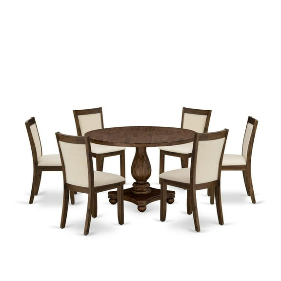 I2MZ7-NN-32 - Table and 6 Light Beige Linen Fabric Chairs - Antique Walnut Base