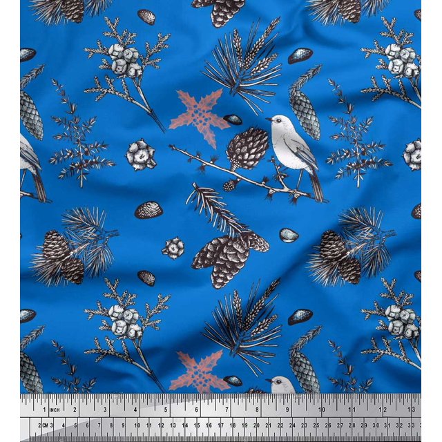 Soimoi Blue polyester Georgette Fabric Floral, & American Robin Bird Fabric Prints by Yard 52 Inch Wide