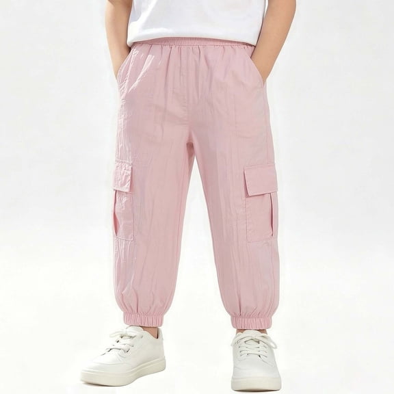 Boys Girls Summer Lightweight Cargo Jogger Pnats Solid Color Elastic Waist Loose Comfy Casual Pants 3-13 Years