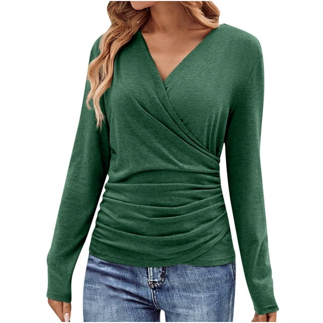 FAIWAD Womens Slim Deep V Neck Cross Wrap Top Long Sleeve Solid Color Pullover Tunic Top