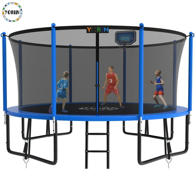 YORIN Trampoline, 14FT Trampoline for 6-7 Kids Adults with Enclosure Net, 1400LBS Outdoor Trampoline with Basketball Hoop, Ladder, Galvanized Anti-Rust Coating Heavy Duty Round Trampoline