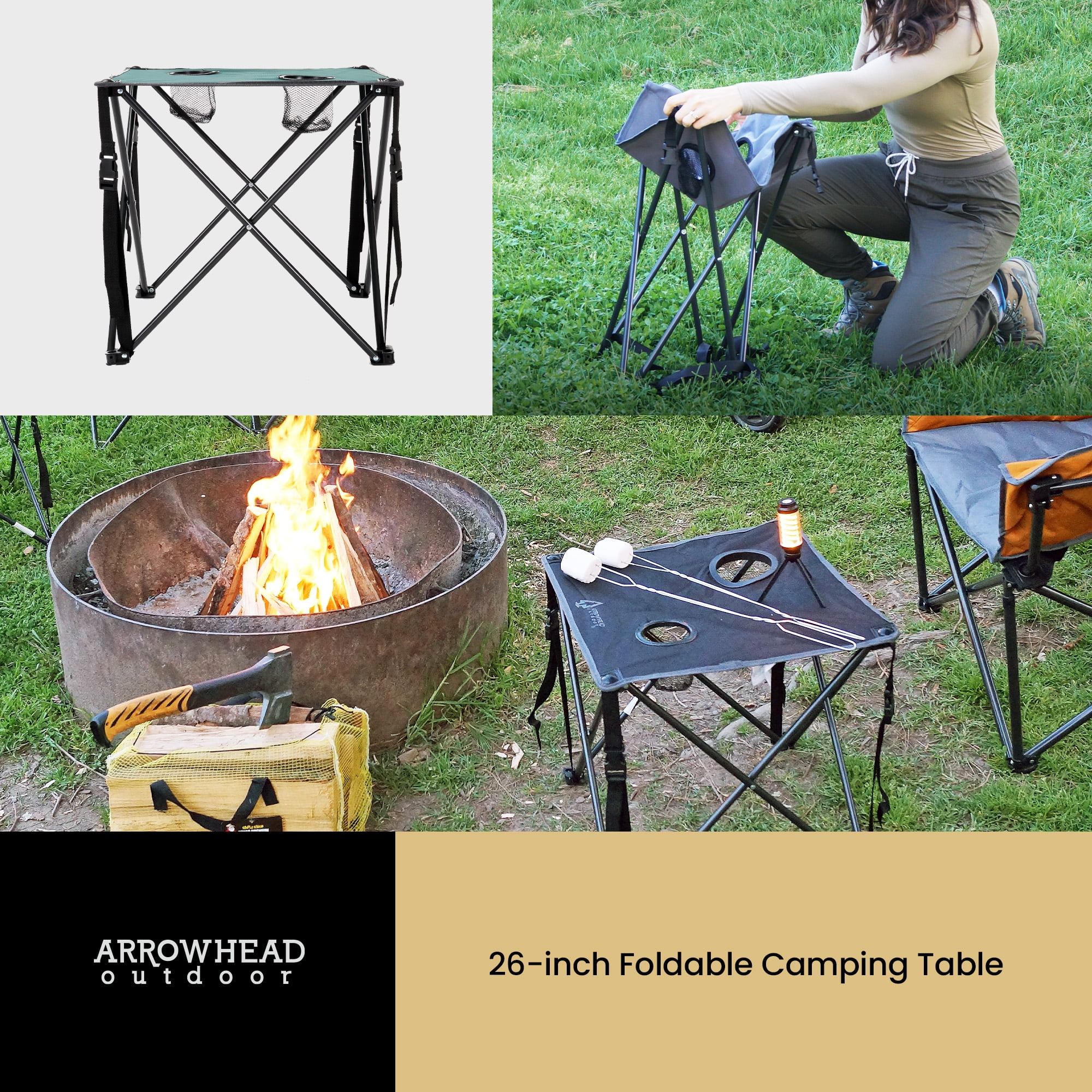 ARROWHEAD 26” Portable Camping Table, Steel Frame, 2 Cup Holders