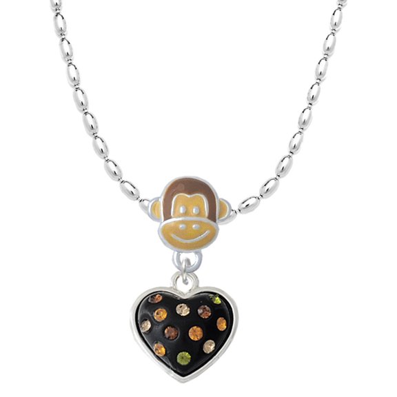 Delight Jewelry Silvertone Black Resin Heart with Fall Crystals Mia Monkey Charm Necklace
