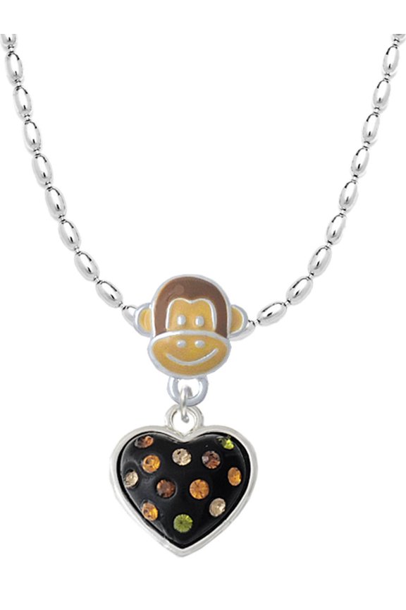 Silvertone Black Resin Heart with Fall Crystals Mia Monkey Charm Necklace