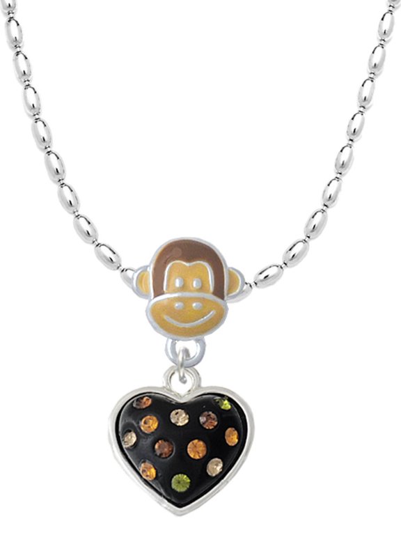Silvertone Black Resin Heart with Fall Crystals Mia Monkey Charm Necklace