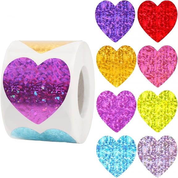 CCOCC 500 Pcs Holographic Heart Stickers, 1.5 Inch Colorful Valentine Love Stickers for Classroom Rewards, Envelope Seals