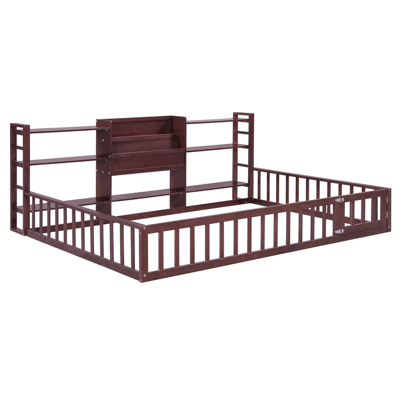 Full Size Floor Bed Platform Bed with Side Bookcase and 3-Tier Storage Shelves, Solid Wood Low Profile Montessori Floor Bed with Safety Guardrails for Kids, Boys, Girls