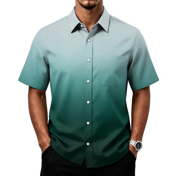 Mens Short Sleeve Button Down Shirt Gradient Print Casual Pocket Top Summer Beach Lightweight Breathable Loose Fit Tee for Vacation Travel Out Activities Comfortable Cool Cyan 5XL