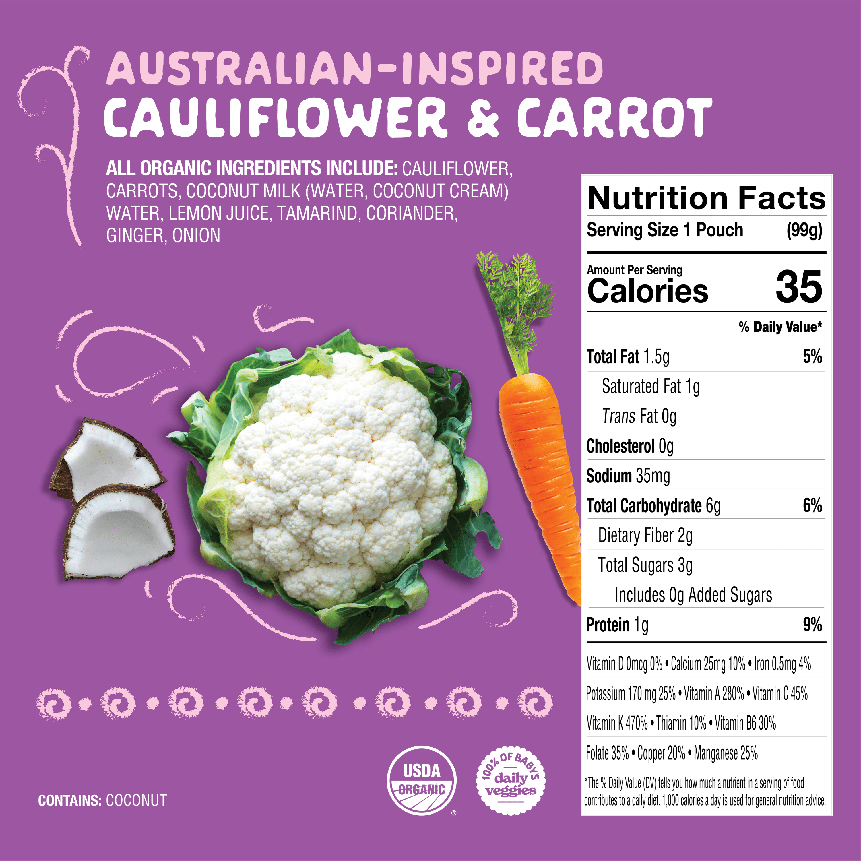 (6 pack) Lil' Gourmets Refrigerated Stage 2 Baby Food , Australian-Inspired Cauliflower & Carrot,  3.5 oz Pouch