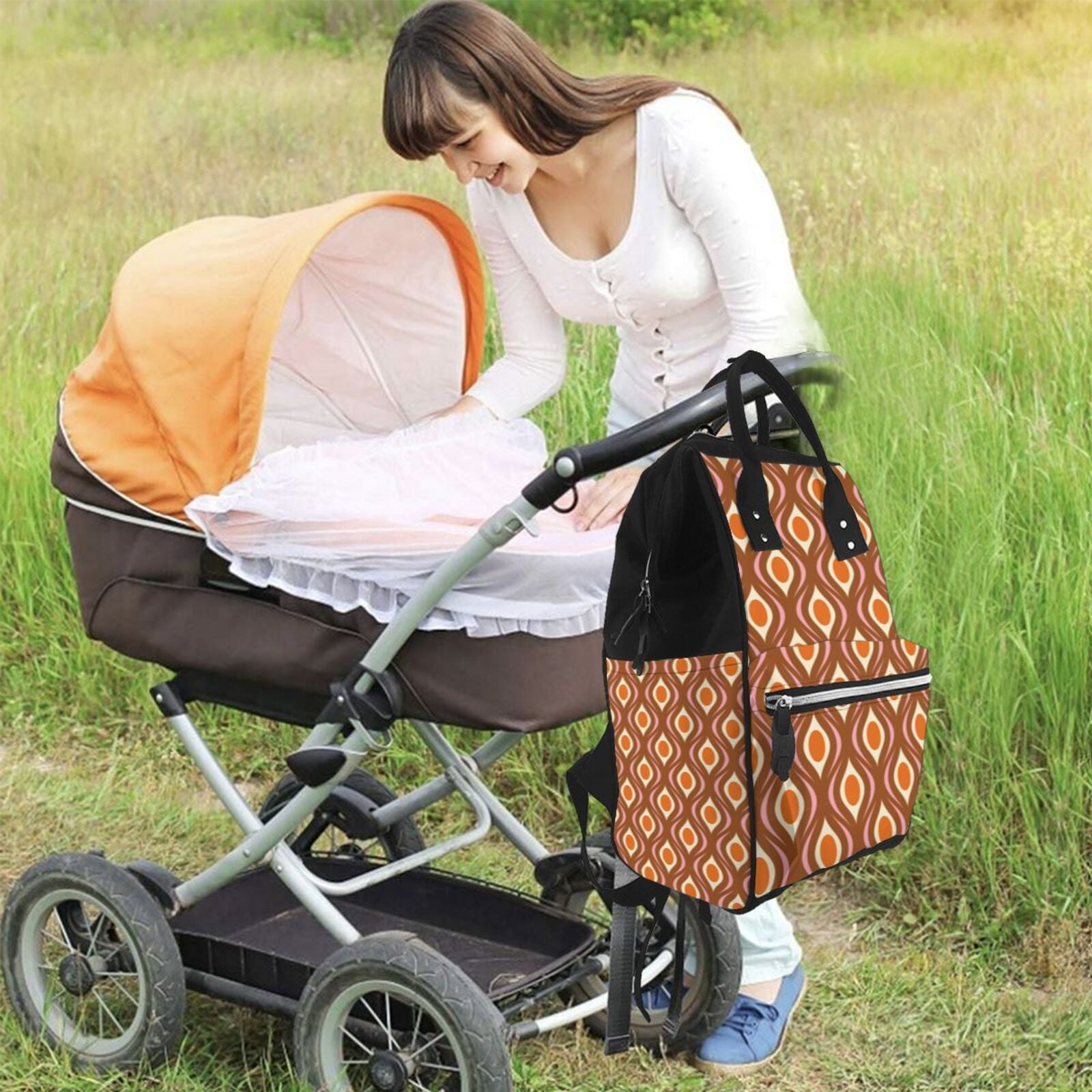 Fuzoiu 70's Retro Print Diaper Bag Backpack,Baby Essentials Travel Tote,Multi function Waterproof Diaper Bag, Travel Essentials Baby Bag - Unisex