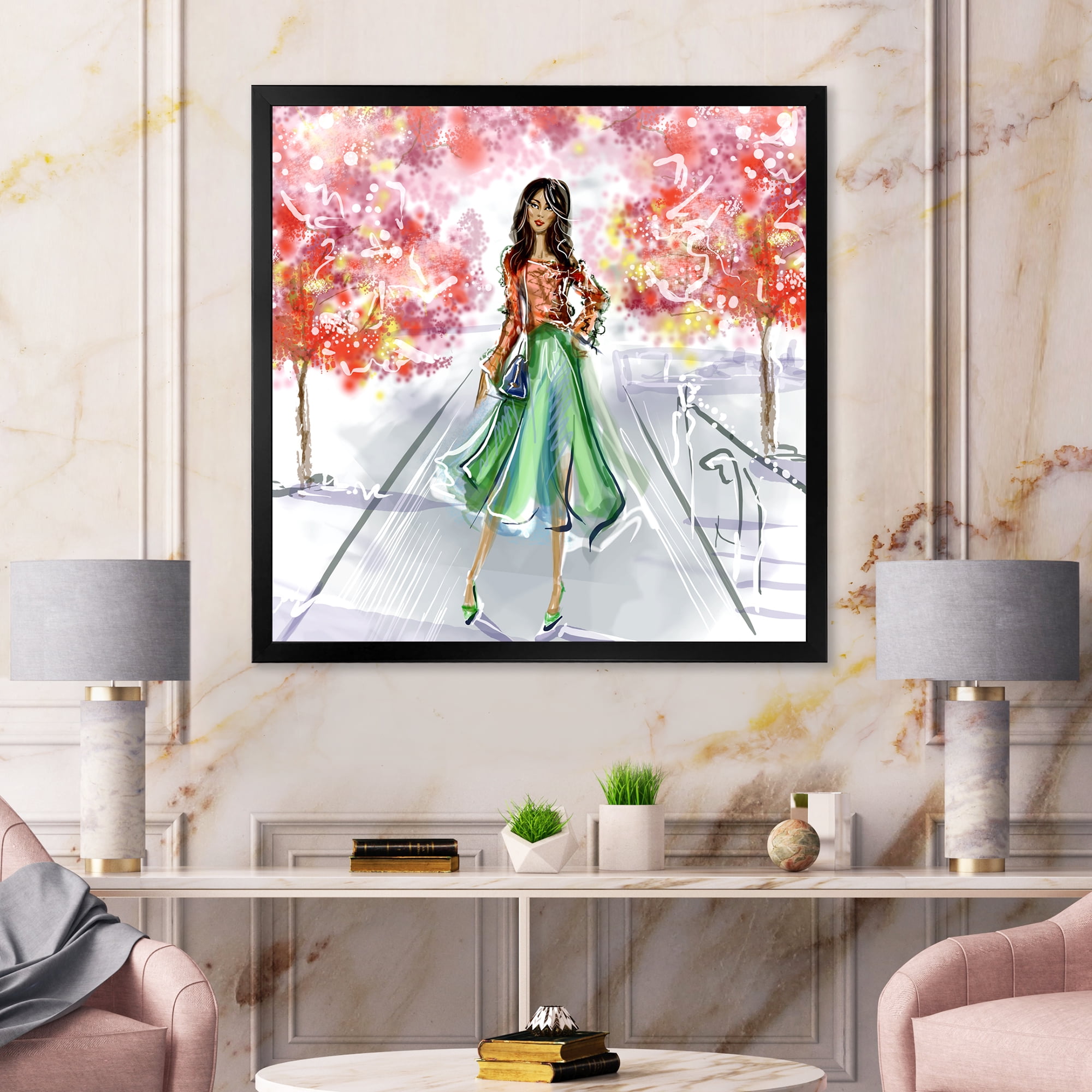 Beautiful Woman Wearing Fashionable Clothes In Park 16 in x 16 in Framed Painting Canvas Art Print, by Designart