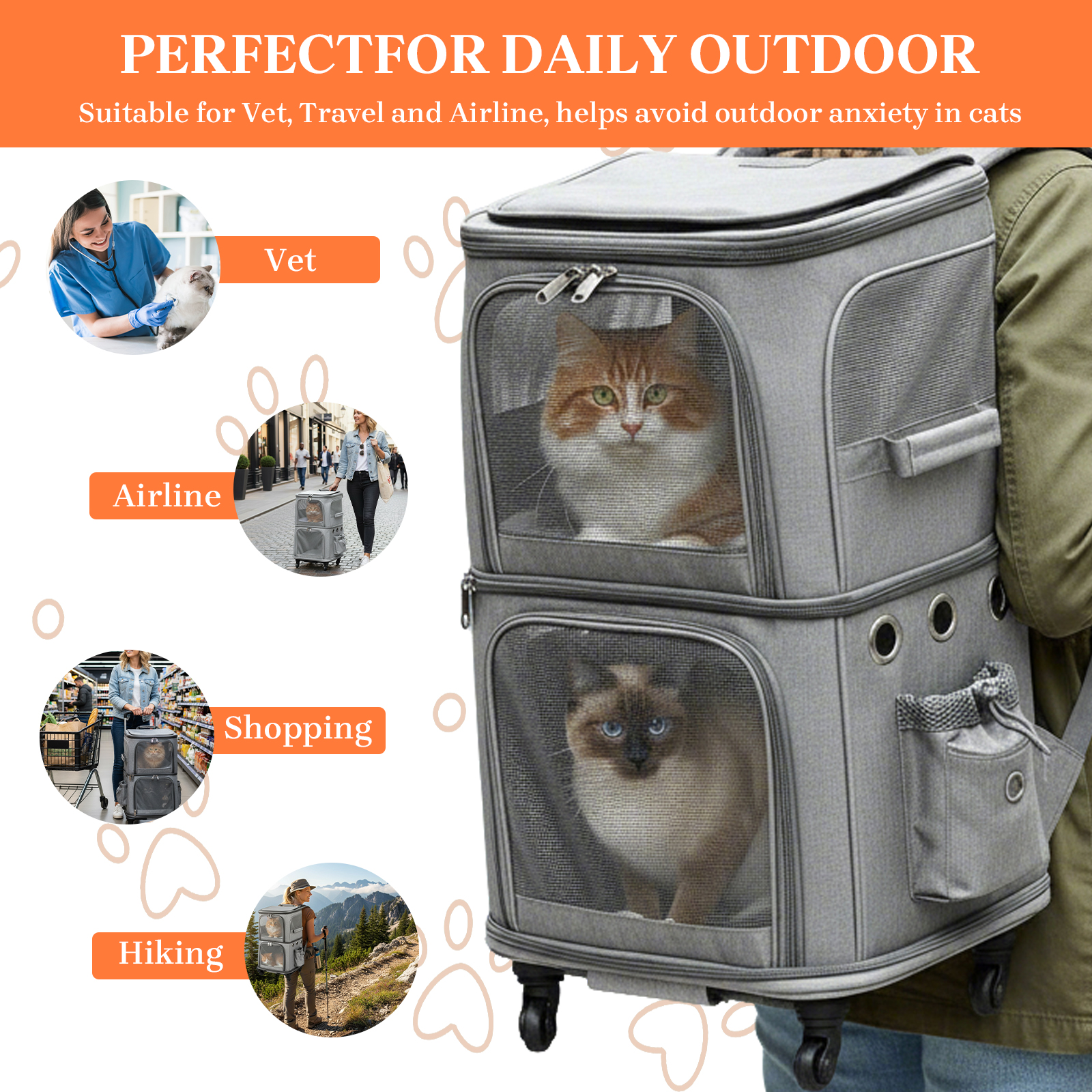 ManyFun Extra Large Double-Compartment Pet Carrier Backpack with Wheels for Small Dogs and Cats, Cat Rolling Carrier for 2 Cats, Perfect for Traveling/Taking a Walk/Trips to The Vet, Grey