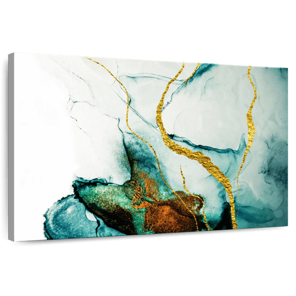 Elephant Stock Abstract Gold Streaks Wall Art - Horizontal Canvas Wall Art - Living Room Wall Decor - Abstract Canvas - White And Teal Decor - 12" x 8"