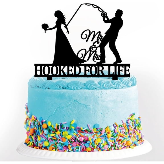 Fishing Wedding Cake Topper Hooked For Life Cake Topper Fishing Theme Wedding/Engagement/Bridal Shower/Anniversary Cake Decoration