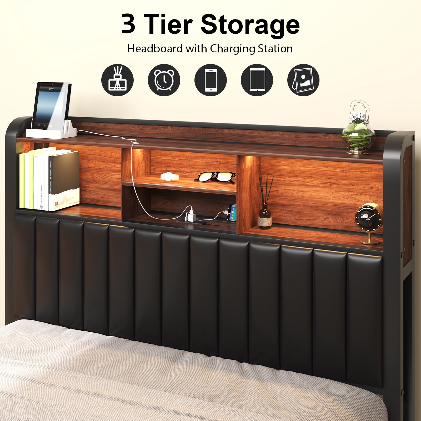 Queen Size Bed Frame with Storage Headboard and LED Lights, Metal Platform Bed with Charging Station, Heavy Duty Metal Frame Support, PU Leather, Black
