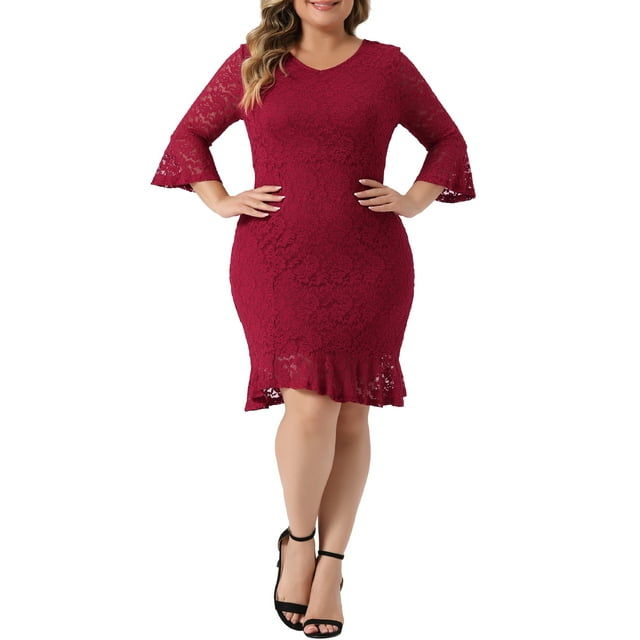 Vestidos de boda formales de talla grande para mujeres Agnes Orinda, vestido de cóctel bodycon con escote en V, mangas de campana, dobladillo con volantes y encaje, 4X burdeos