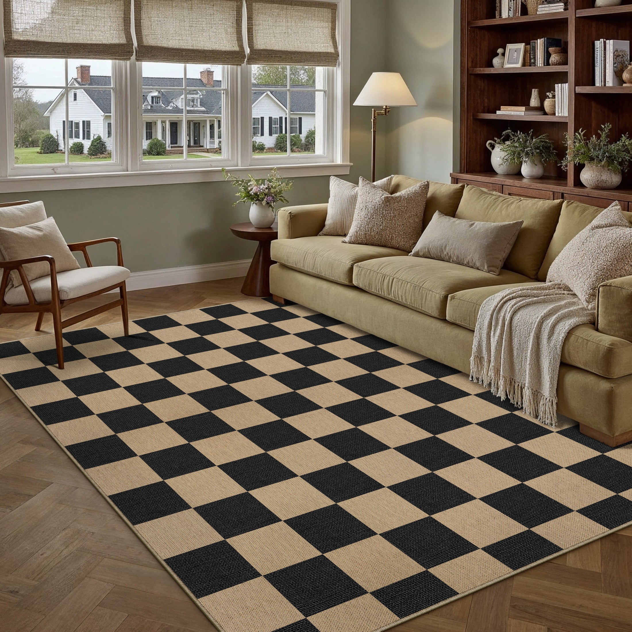 WIPONKEN 6'x9' Easy Jute Checkered Area Rugs for Living Room Washable Indoor Outdoor Non-Slip Carpet for Living Room, Bedroom, Patio Farmhouse Style with Neutral Geometric Rug