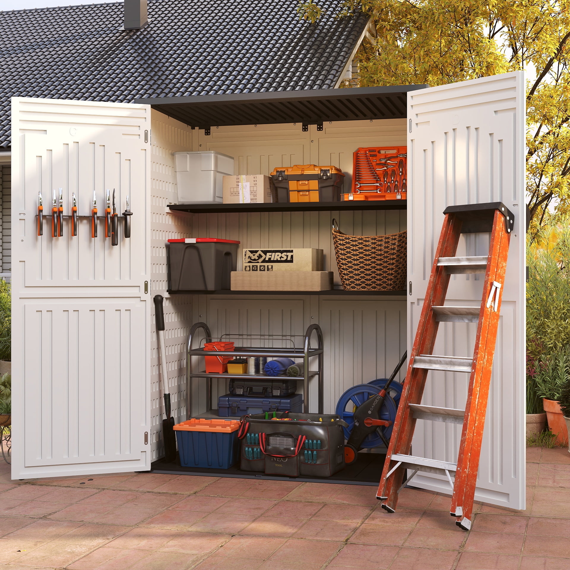 EHHLY Vertical Resin Storage Shed, 60 Cuft Garden Tool Sheds & Outdoor Storage, Plastic Outdoor Storage Cabinet Waterproof, 5.6 x 2.3 ft Backyard Outside Lawn Mower Storage Shed, White