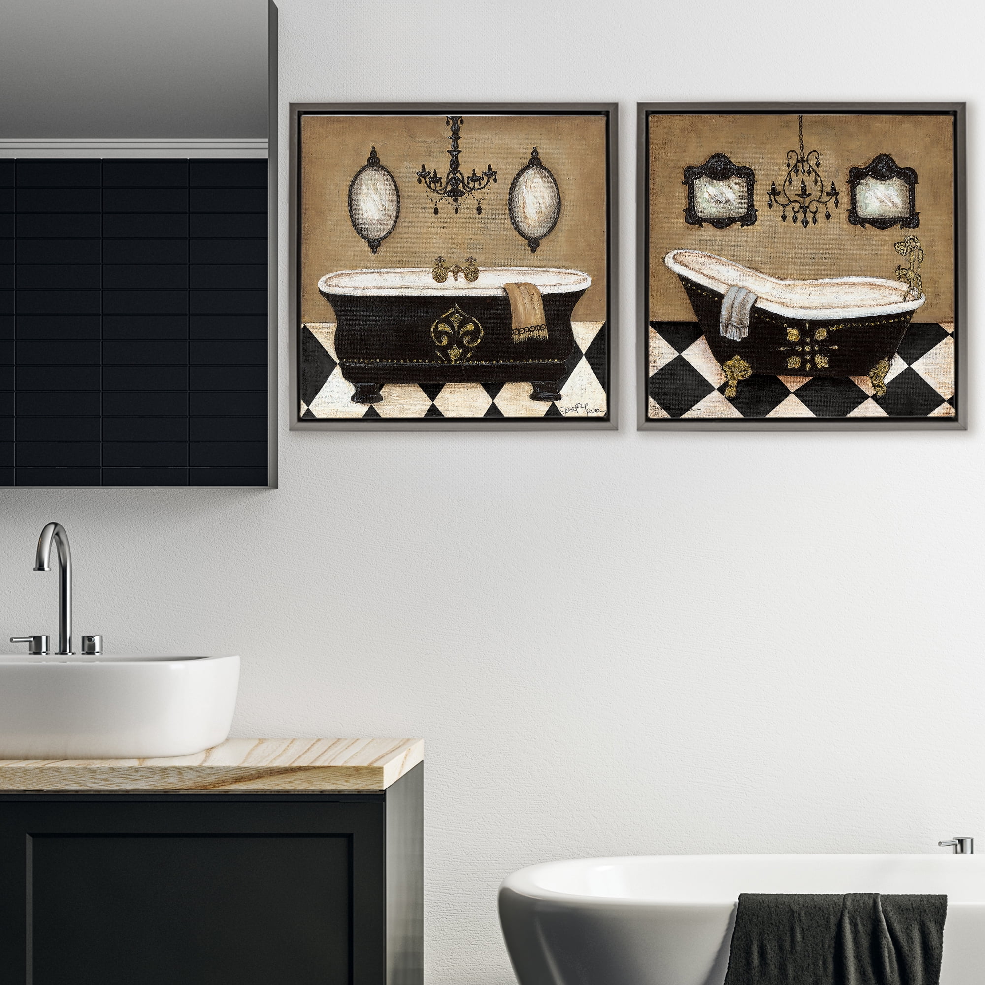 Stupell Industries Elegant Bathroom with Chandeliers 2 Piece Gray Framed Floater Canvas Set, design by Janet Tava