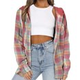 thumbnail image 2 of Abrigo casual para mujer Camisa de manga larga Sudadera con capucha con estampado a cuadros para otoño e invierno Rojo M, 2 of 5