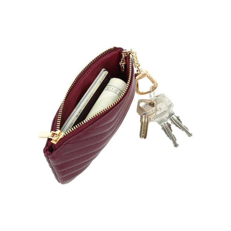 Daisy Rose Luxury Zip Checkered Key Chain Pouch | PU Vegan Leather Mini Coin Purse Wallet with Clasp