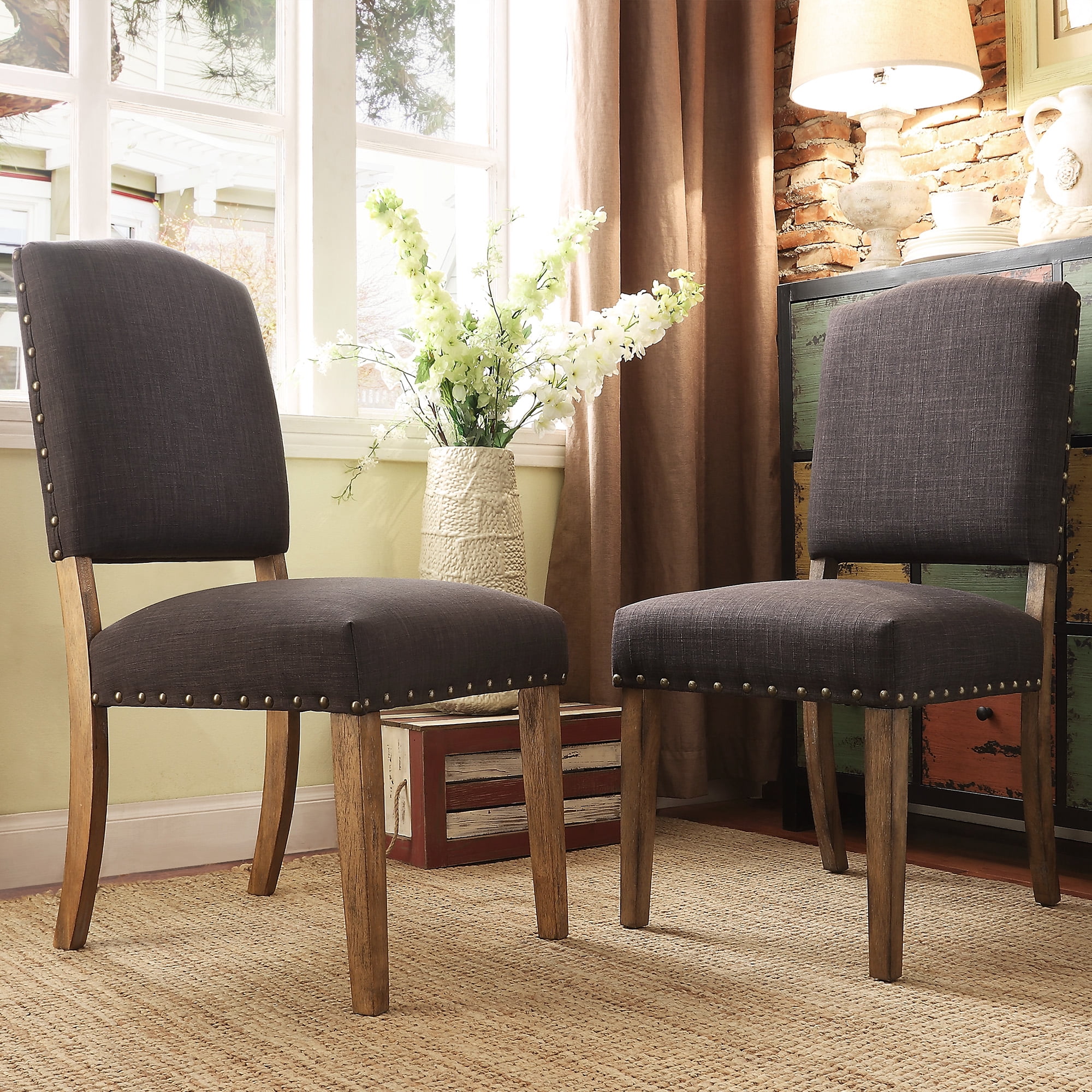 Weston Home Nailhead Upholstered and Wood Dining Chair, Set of 2, Dark Gray Linen