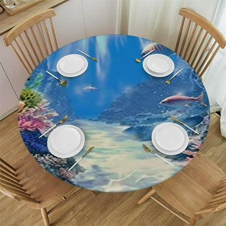 

Palnkart Coral Reef Fish Sunbeam Round Table Cover Stain Resistant Washable Indoor Outdoor Tablecloth Kitchen Dining Wedding Parties 100% Polyester Fiber 42-46