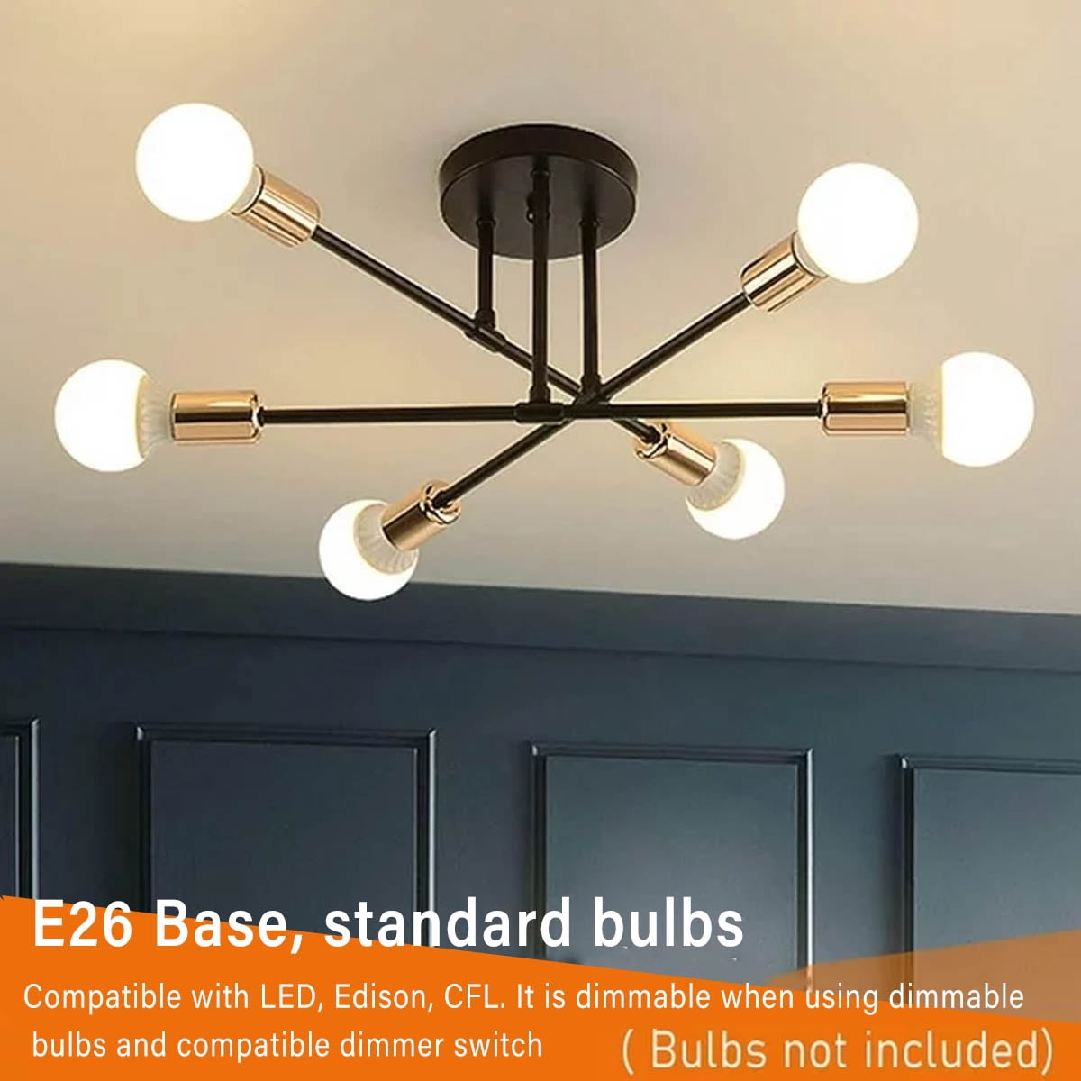 IFCOW 6-Lights Modern Mid Century Sputnik Chandelier, Semi Flush Mount Ceiling Light Fixture for Living Room Dining Room Kitchen Chandelier