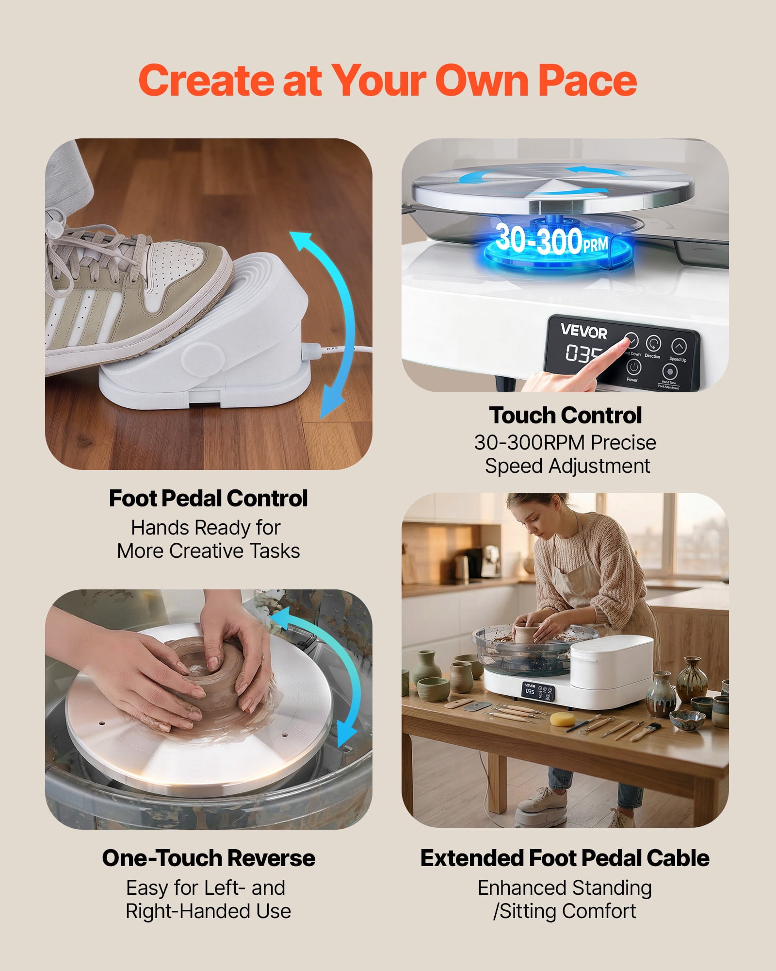 VEVOR Pottery Wheel for Adults, 14" and 11" Turntables, 450W Electric Table Top Pottery Wheel with Foot Pedal, 30-300 RPM Adjustable Speed, Aluminum Body, for Beginners, DIY Clay Art Craft, White