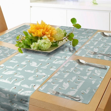 

Swans Table Runner & Placemats Grunge Style Asymmetric Design Flock of Swimming Birds Pastel Pattern Set for Dining Table Decor Placemat 4 pcs + Runner 12 x90 Pale Seafoam and White by Ambesonne