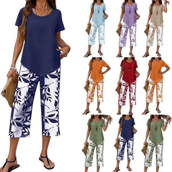 2 Piece Capri Sets for Women Summer Plus Size Crew Neck Tops Floral Print Wide Leg Capris Pants Boho Beach Travel Outfits Navy XXL