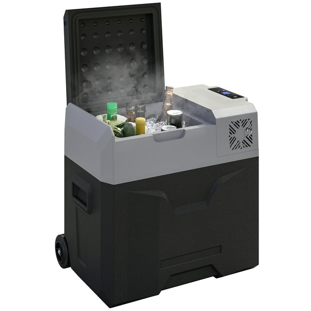 Outsunny Car Refrigerator 12/24V 50 L Portable Freezer for Camping, a grey and black portable fridge with an open lid displaying chilled food and drinks. Includes a digital touch panel, suitcase handle, wheels for easy transport, and compatibility with car and home power sources. Ideal for camping and road trips.