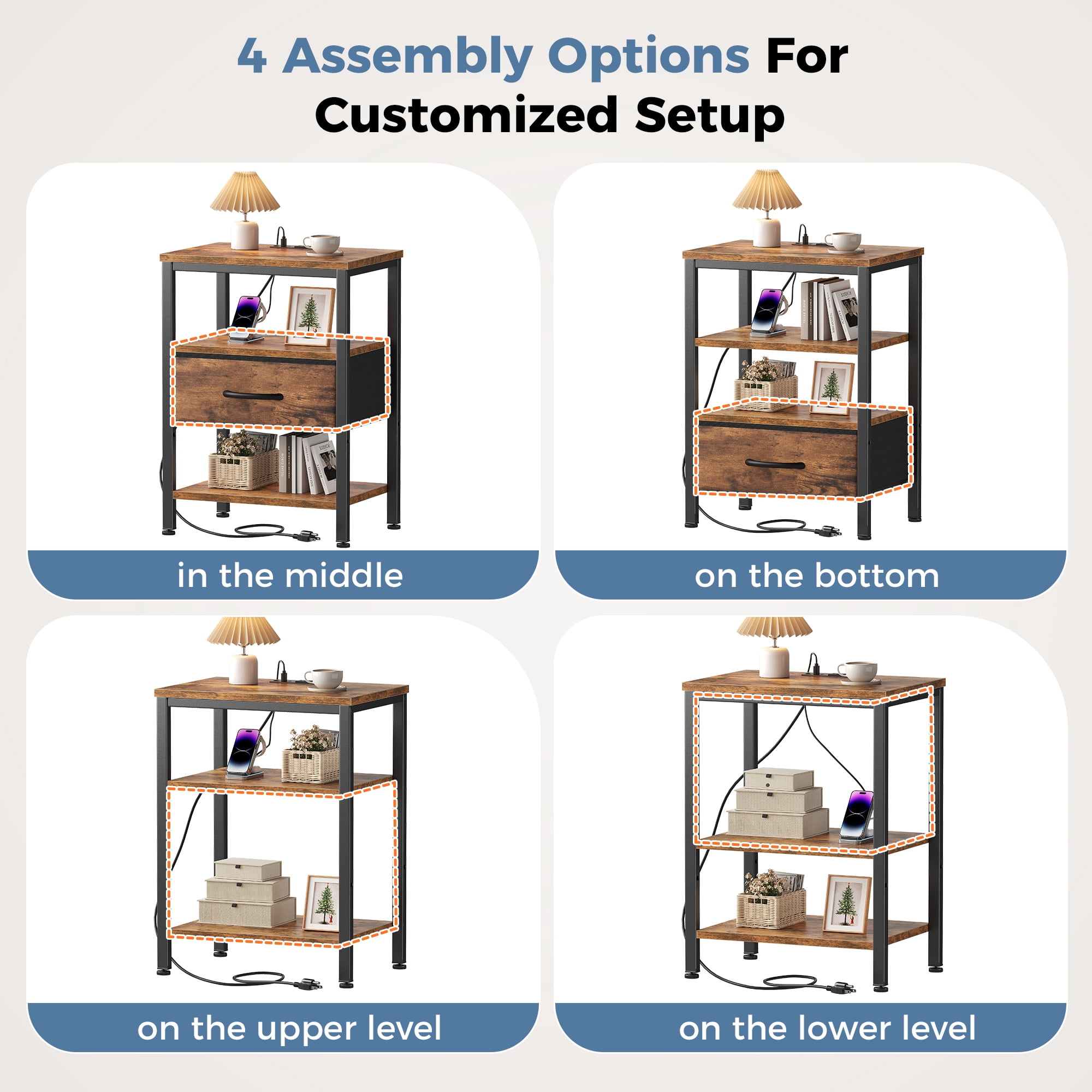 CONCETTA Small Night Stand with Charging Station, 1 Fabric Drawer, USB Ports and Outlets, Open Storage Shelf Bedside End Table for Bedroom, Rustic Brown