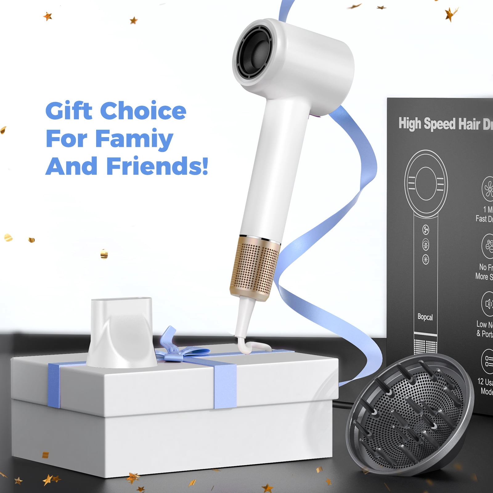High Speed Hair Dryer-Bopcal Ionic Blow Dryer for Hair Care,3 Speeds & 4 Temps,Diffuser & Nozzle,for Home, Travel and Gift Choice(White)
