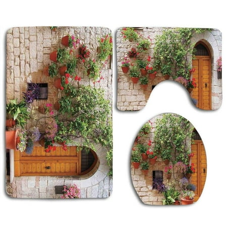Shutters Window Boxes - PUDMAD Tuscan Begonia Blossoms in Box Window Wooden Shutters Brick Wall Romagna Italy 3 Piece Bathroom Rugs Set Bath Rug Contour Mat and Toilet Lid Cover