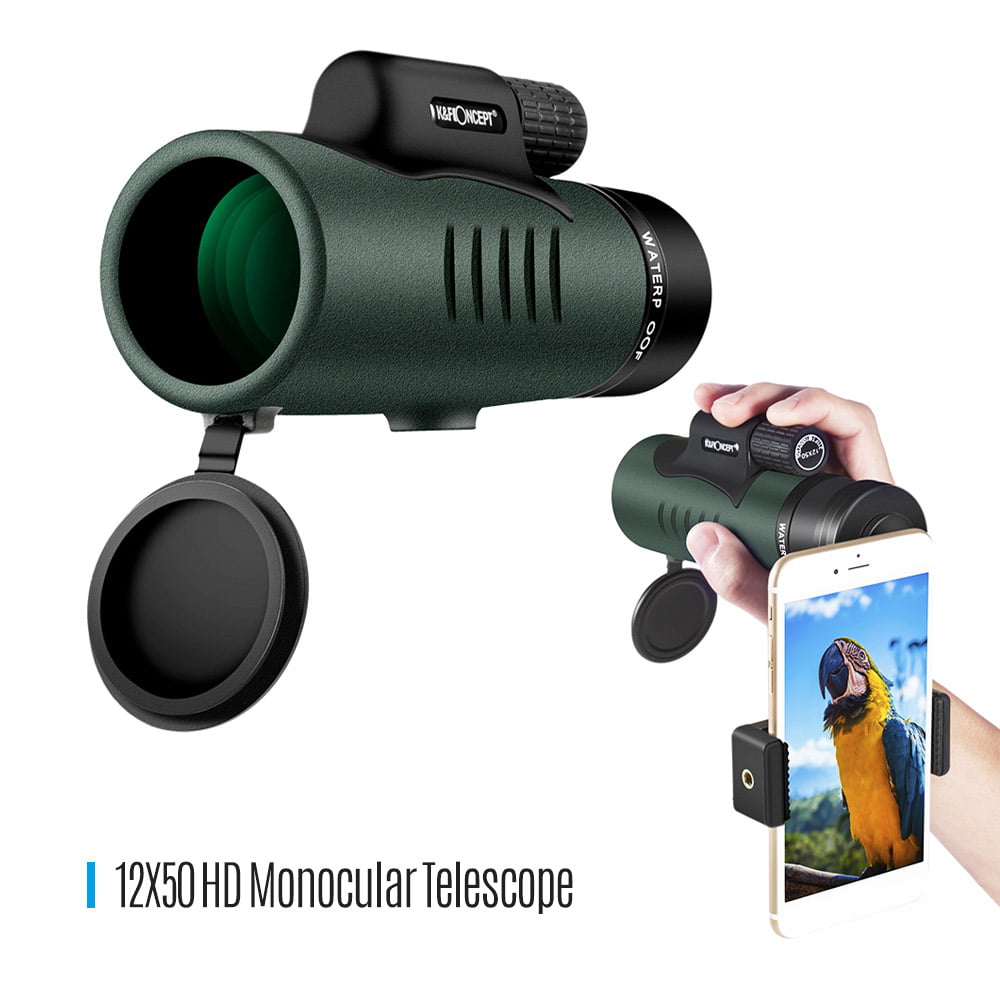 K&F Concept 12X50 BAK4 Prism Waterproof Monocular and Smartphone Adapter Kit Low Light Night Vision for Bird Watching Camping,Travelling and Concerts with Carrying Bag Hunting Monocular Telescope 
