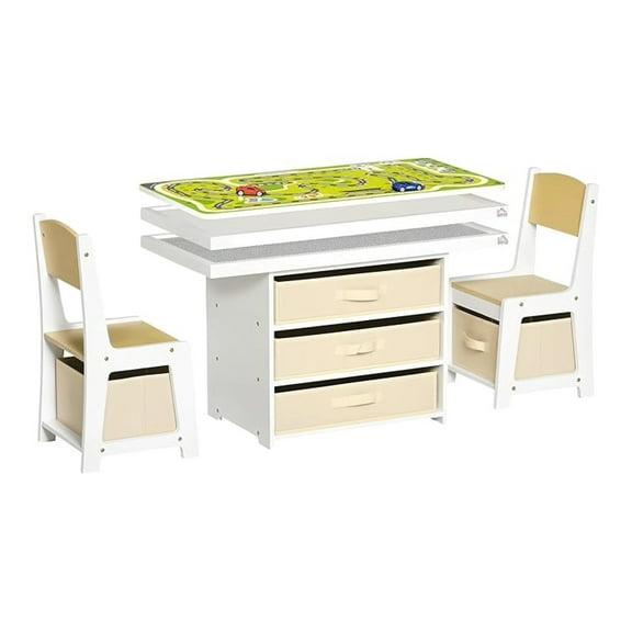 3-in-1 Kids Activity Table and Chairs Set with 3 Surfaces for Drawing, Building, Road Map with 2 Cars, Storage Baskets, Toddler Activity Table for Preschool Children