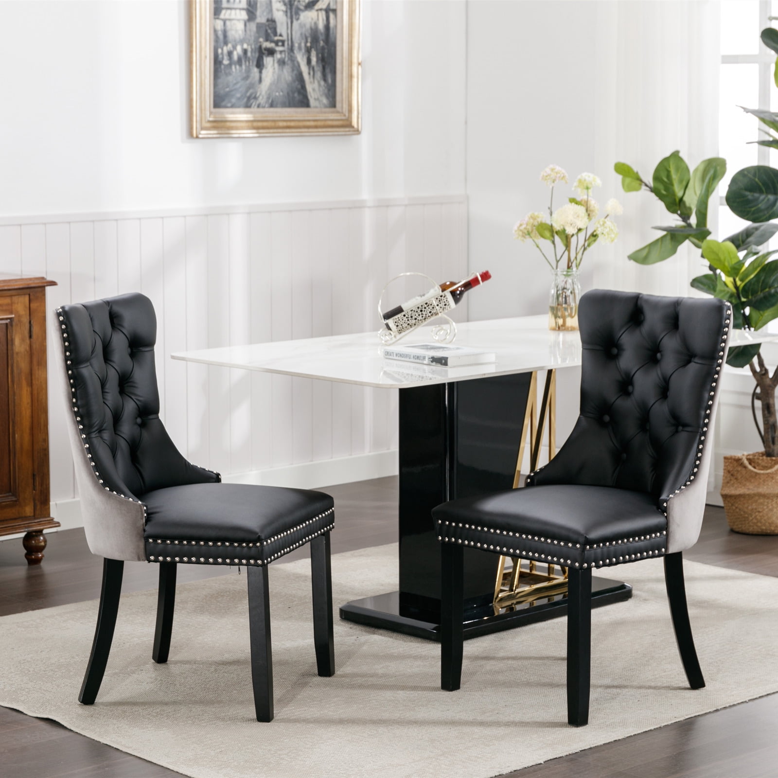 LegaHome Dining Room Chairs Set of 2, Modern Upholstered Velvet and PU Leather Dining Chair with Nailhead Trim and Solid Wood Legs, Tufted Button Padded Chairs Set for Kitchen Dining Room, Gray&Black