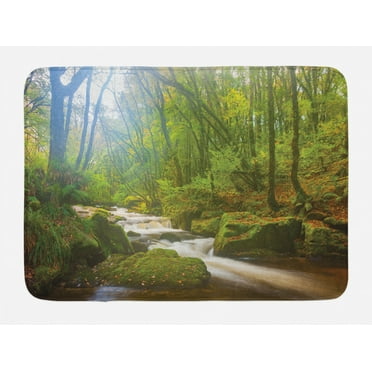 Woodland Bath Mat, Forest Scene at Golitha Falls Nature Reserve on the River Fowey Cornwall England, Non-Slip Plush Mat Bathroom Kitchen Laundry Room Decor, 29.5 X 17.5 Inches, Green Brown, Ambesonne