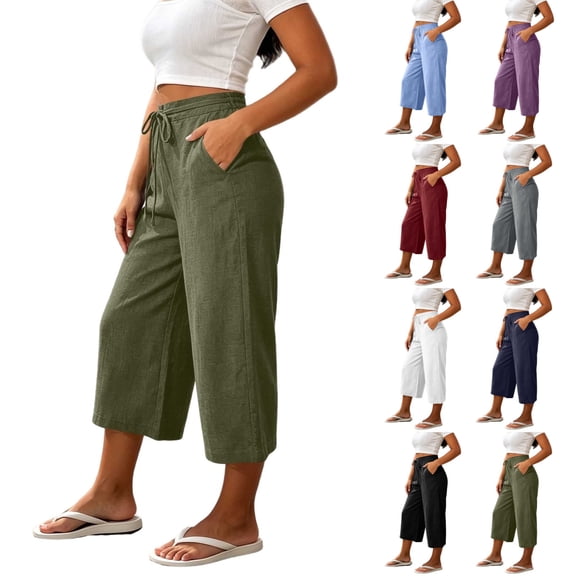 Women's Cotton Elastic Waist Loose Pants with Side Pockets & Back Pocket, Mid Waisted Drawstring Trousers, Casual Athletic Gym Hiking Outdoor Work Pants for Women Long | VerBelle,Army Green L