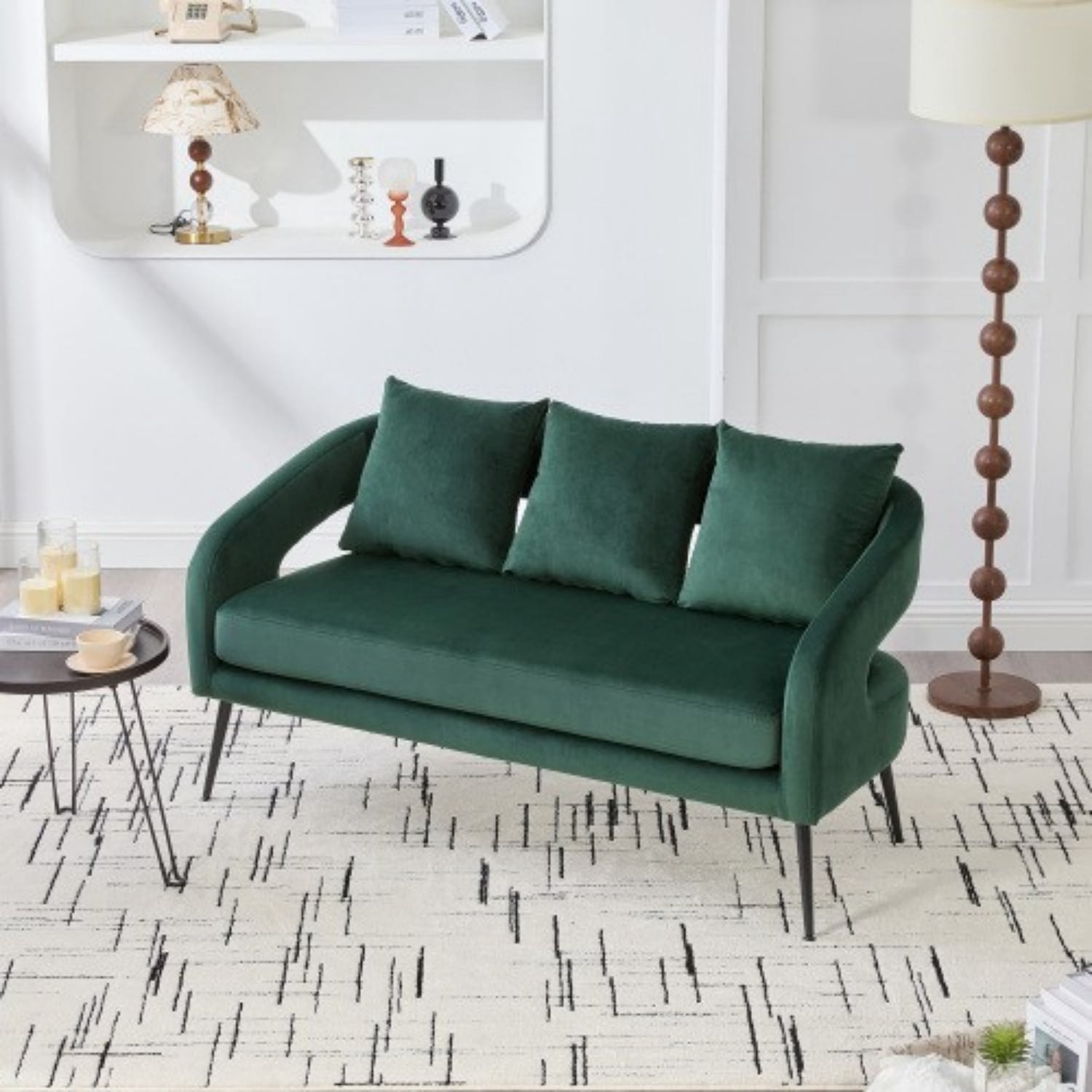 53.7" Modern Velvet Loveseat Sofa 2 Seater Upholstered Mini Couch with Open Back, Metal Legs and 3 Pillows for Living Room Bedroom Office Dorm Apartment, Green