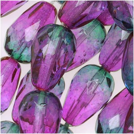 - Czech Fire Polished Glass Two Toned Beads 10 x 7mm Teardrop Purple Green (12)