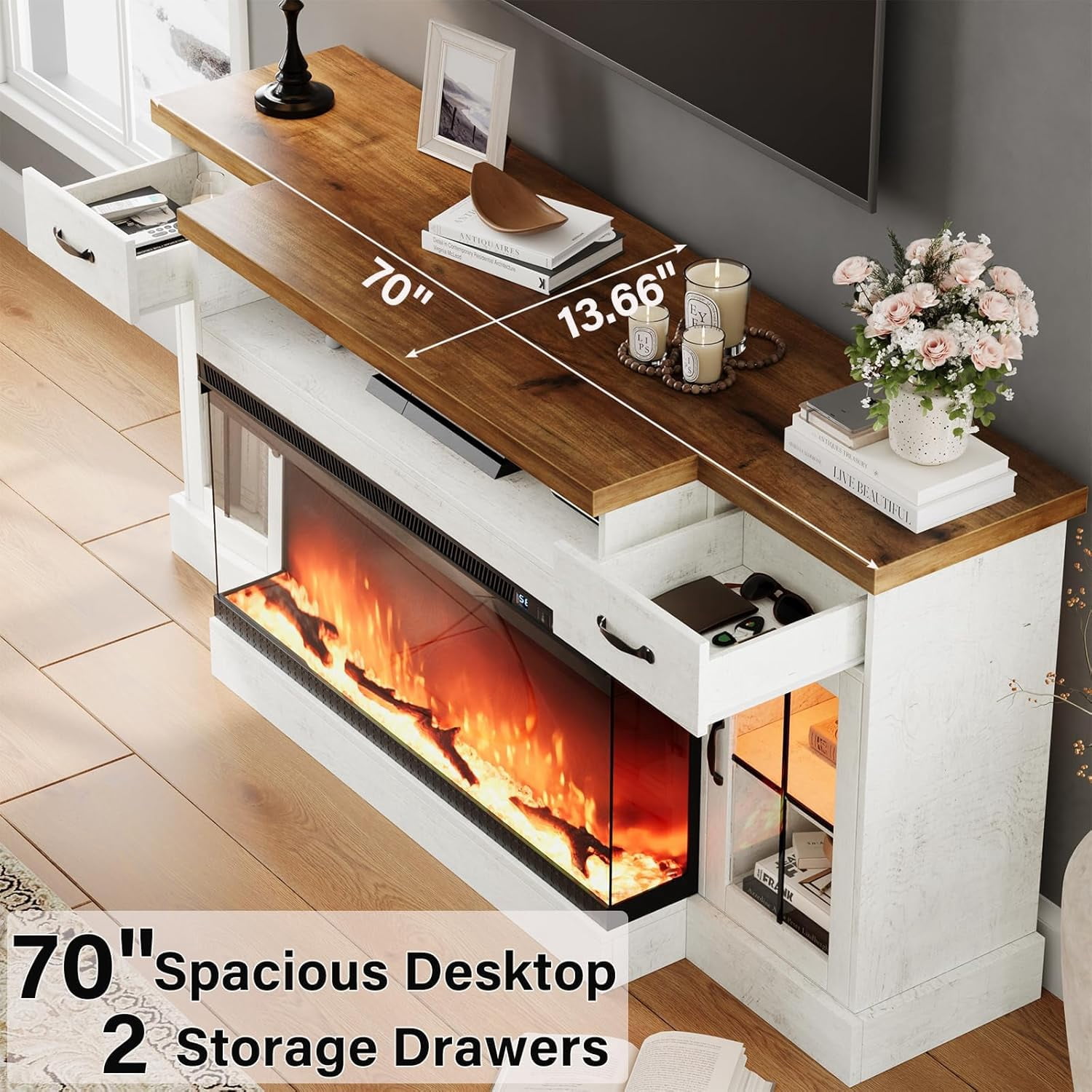 DreamCurship Fireplace TV Stand for TVs up to 80", Farmhouse TV Stand with Electric Fireplace, Glass Door Entertainment Center with Led Light, Media Console Table for Living Room, White