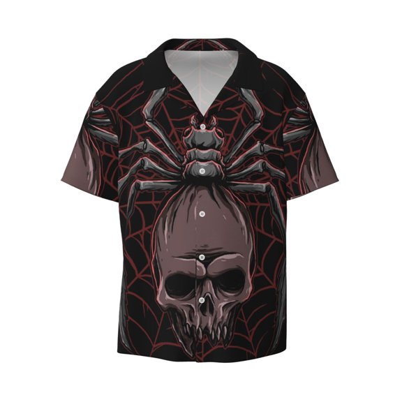 Vsdgher Spider with Skull Print Men's Wrinkle Free Untucked Cuban Shirt Business Casual Button Down Shirts Short Sleeve Shirt