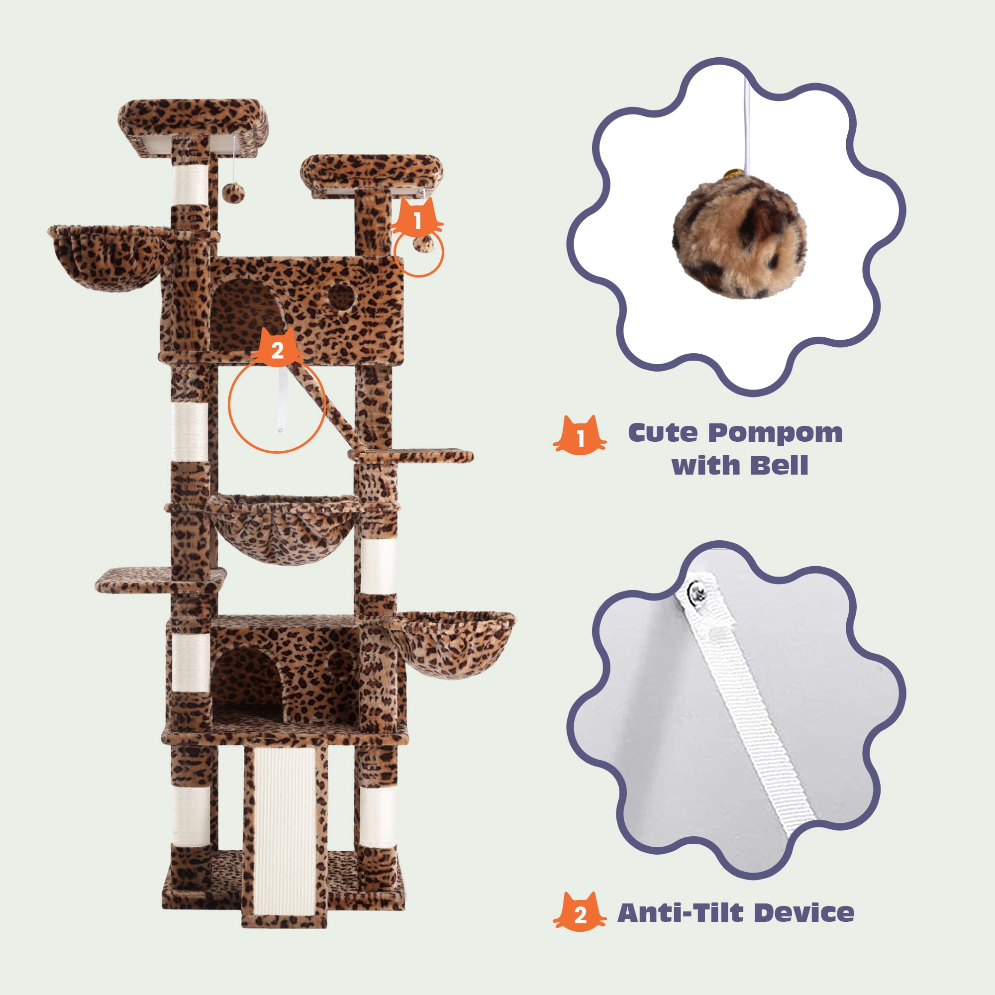 Sifurni 81" Multi-Level Tall Cat Tree Tower for Large Cat with Cat Condo and Hammock, Scratching Post & Scratching Ramp, Leopard Print