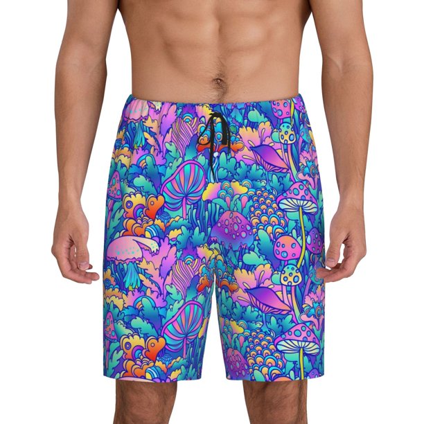 Balery Colorful Mushrooms Pantalones cortos de pijama de punto de algodón para hombre con cinturilla y bolsillos-Small