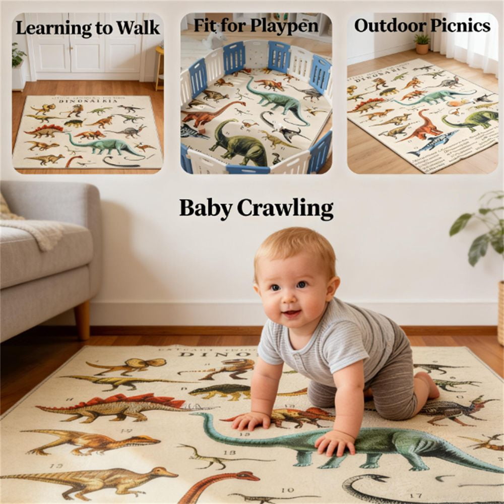Large Gaming Mat Crawling Mat Carpet Khaki Retro Dinosaur Design Soft Non-Slip Play Mat for Kids Playroom Bedroom