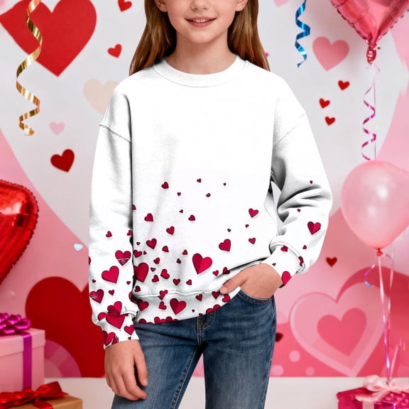 ATOGUTA Long Sleeve Sweatshirts Girl Kids Casual Long Sleeve Loose Valentine's Day Tops Comfy Lightweight Pullovers Size 1T-15, Pink