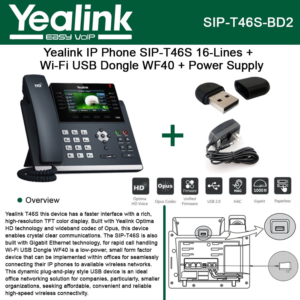 Yealink SIPT46S IP Phone 16Line HD Voice + WiFi USB Dongle WF40